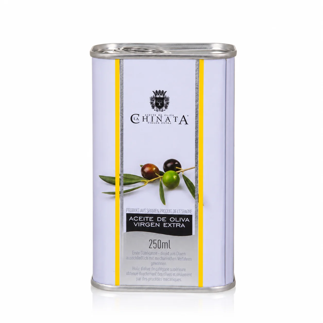 La Chinata natives Olivenöl extra in der 250-ml-Metalldose auf weißem Hintergrund
