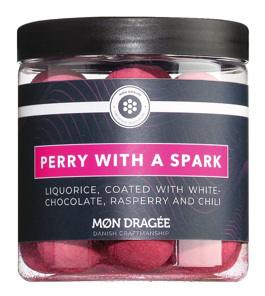Møn Dragée Perry with a Spark - Lakritzdragees in weißer Schokolade, Himbeerpulver und Chili