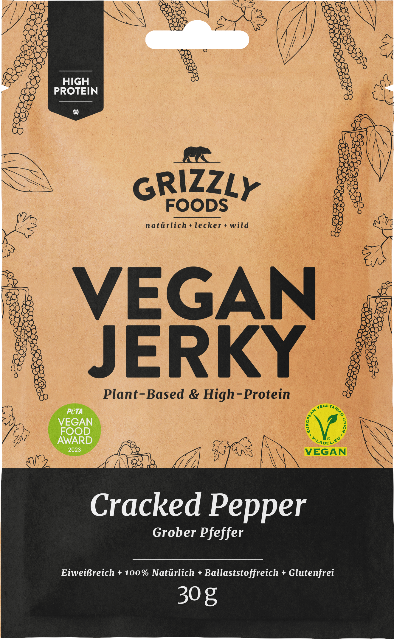 Grizzly Foods Vegan Jerky Cracked Pepper - grober Pfeffer
