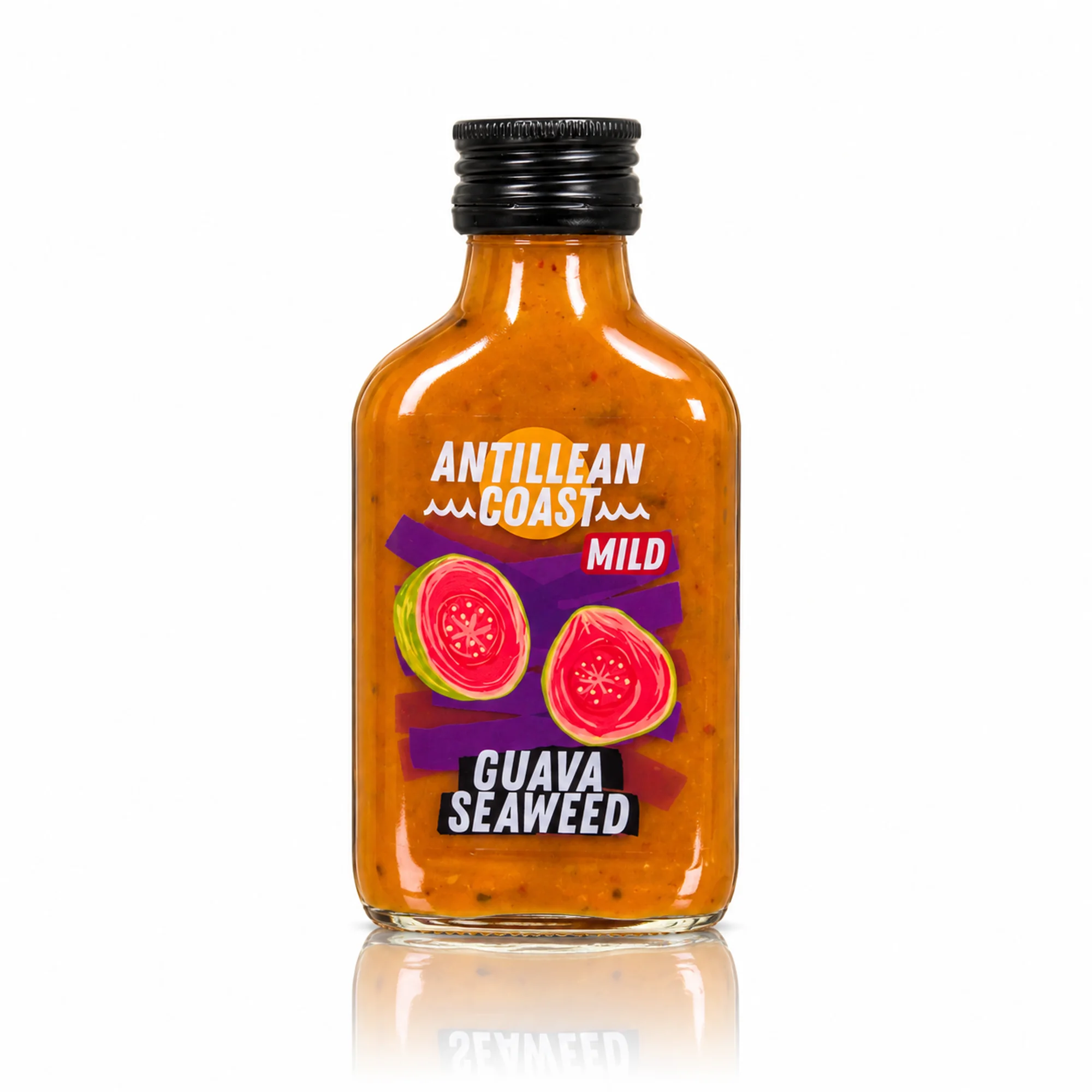 Antillean Coast Guava Seaweed Mild Sauce in Glasflasche mit schwarzem Verschluss