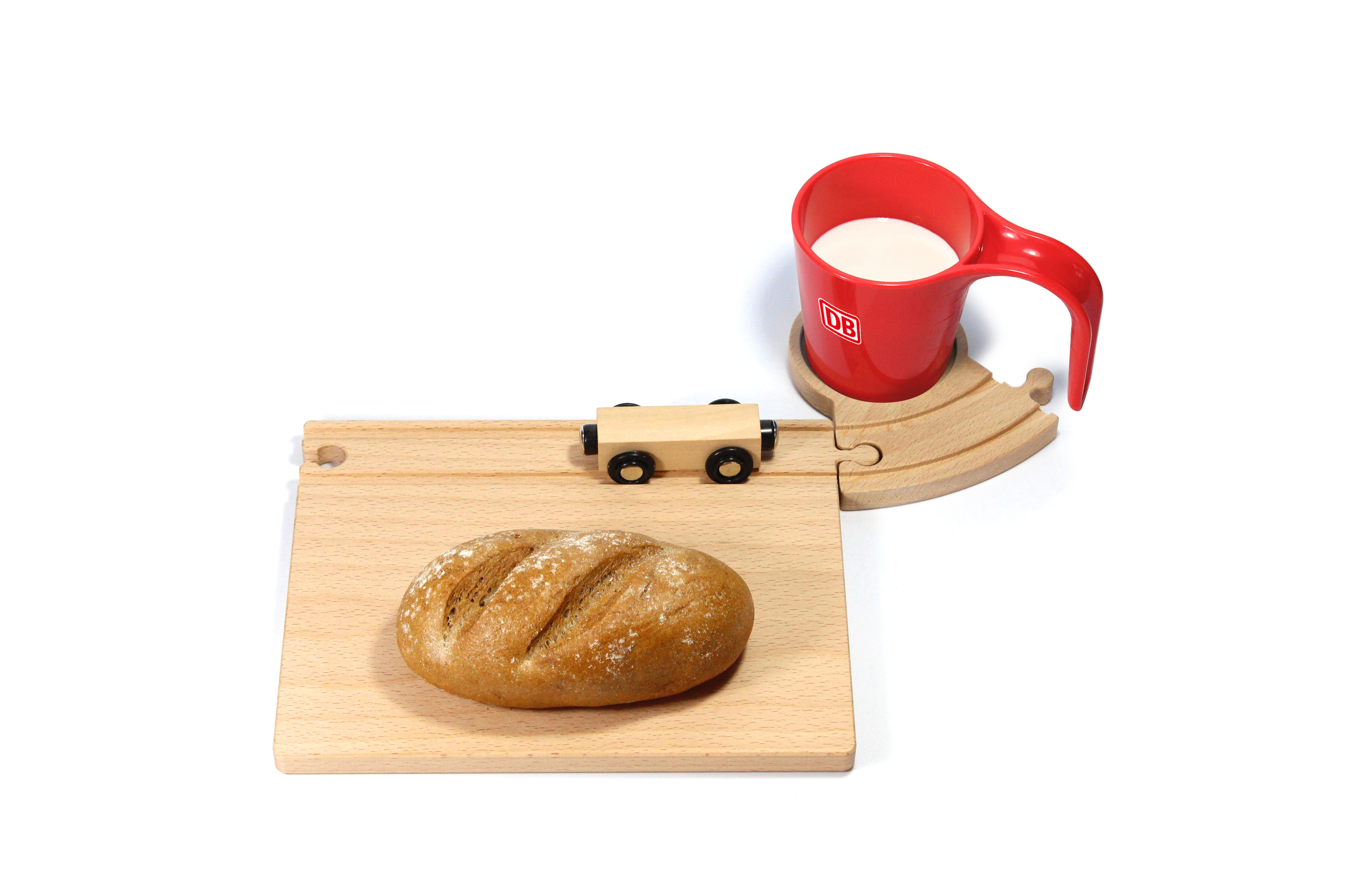 Neue Freunde Eisenbahn Frühstücksset mit Schneidebrett, Untersetzer und Tasse