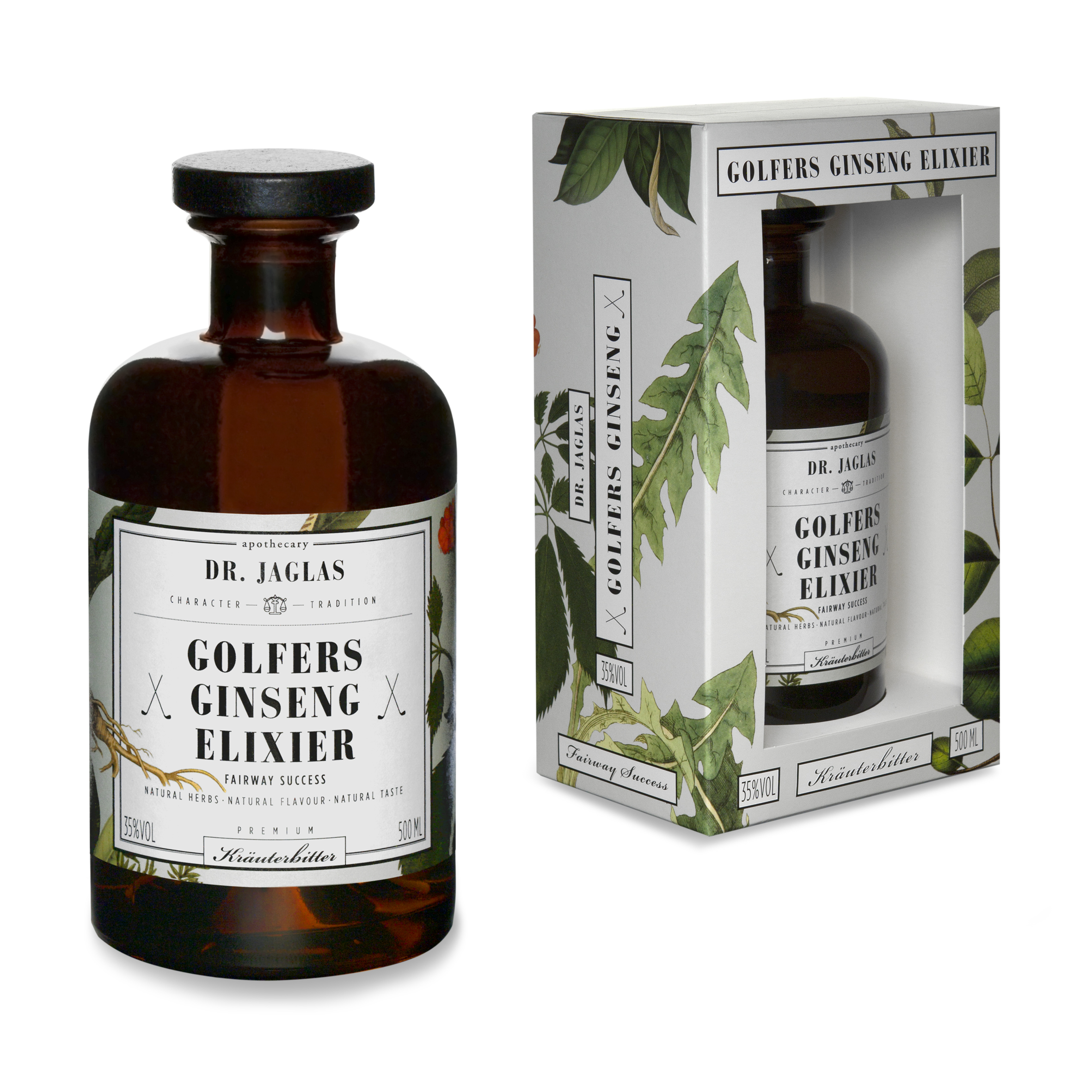 Dr. Jaglas Golfers Ginseng Elixier in der Apothekerflasche