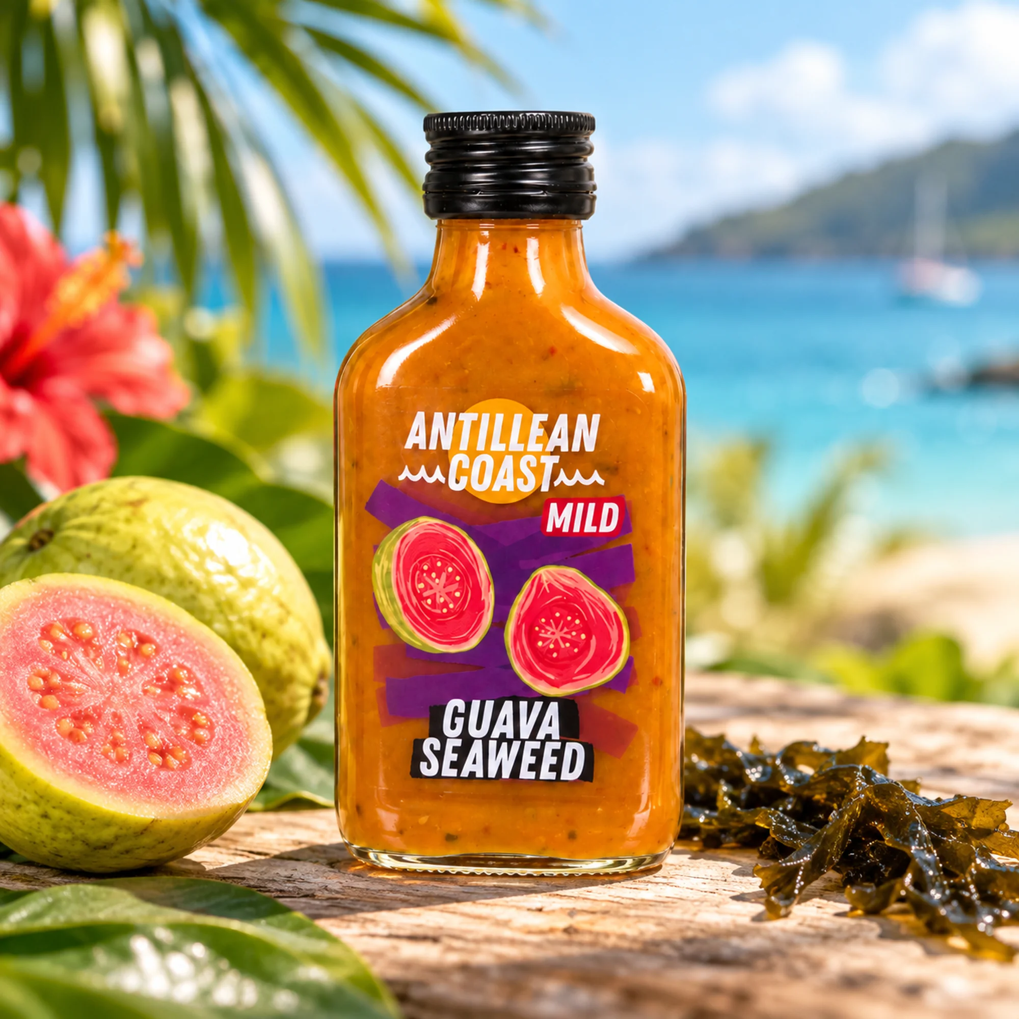 Antillean Coast Guava Seaweed Mild Sauce mit Guave und Algen vor karibischer Küstenkulisse